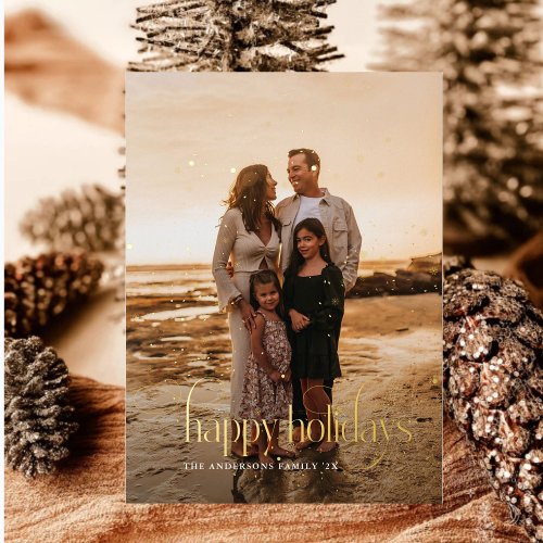 Modern Happy Holidays Family Photo plaid Tartan Foil Holiday Card