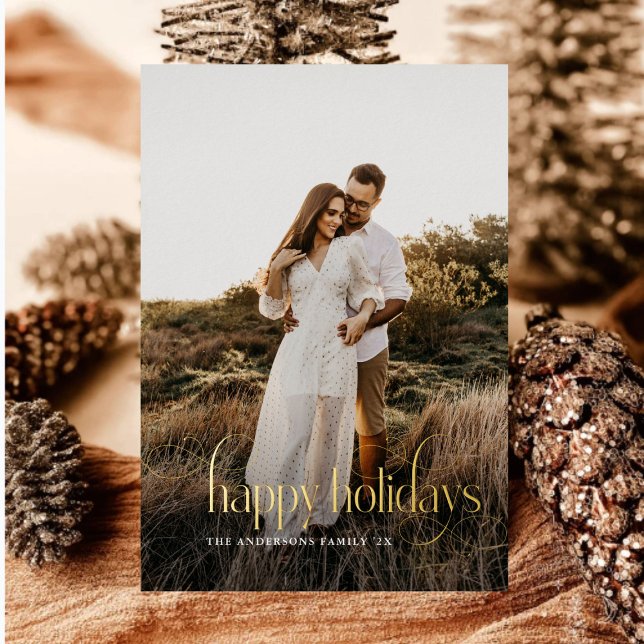 Modern Happy Holidays Family Photo plaid Tartan Foil Holiday Card (Creator Uploaded)