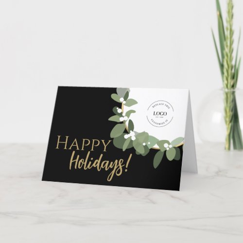 Modern Happy Holidays Gold black Wreath Your Logo  Holiday Card