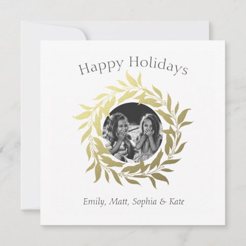 Modern Happy Holidays Gold Foil Wreath Photo Holiday Card