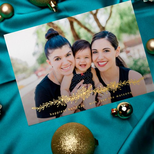 Modern happy holidays GOLD Mistletoe Photo Foil Holiday Card