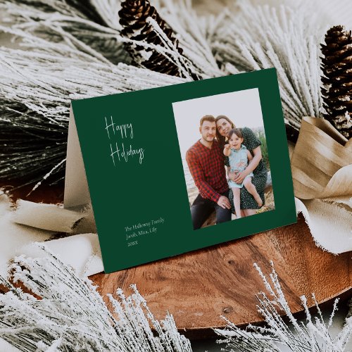 Modern Happy Holidays  Green Folded Single Photo Holiday Card