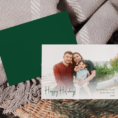 Modern Happy Holidays  Green Full Photo Holiday Card