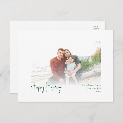 Modern Happy Holidays  Green Script Faded Photo Holiday Postcard