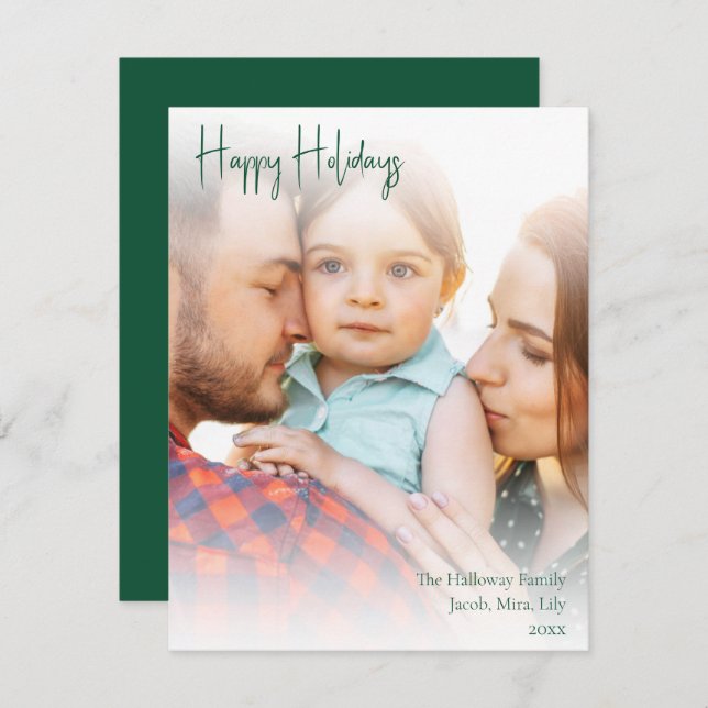 Modern Happy Holidays Green Script Vertical Photo Holiday Card (Front/Back)