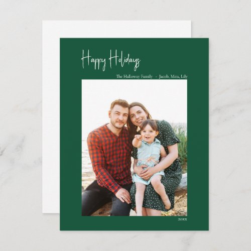 Modern Happy Holidays Green Vertical Single Photo Holiday Card