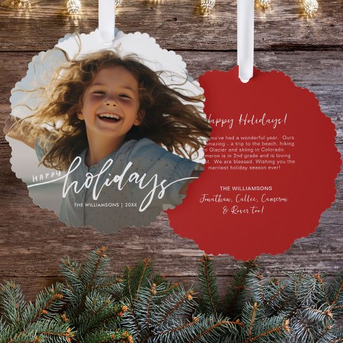 Modern Happy Holidays Hand Lettered Family Photo Ornament Card