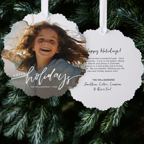 Modern Happy Holidays Hand Lettered Family Photo Ornament Card