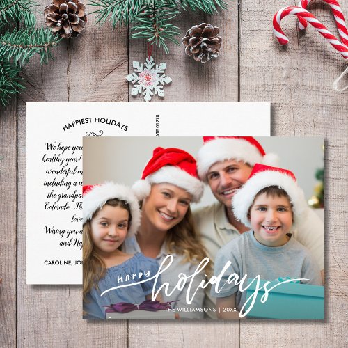 Modern Happy Holidays Hand Lettered Family Photo Postcard