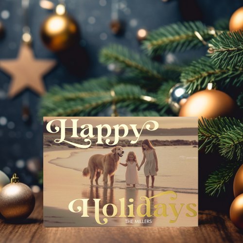 Modern Happy Holidays Minimal 1 Photo Elegant Foil Holiday Card