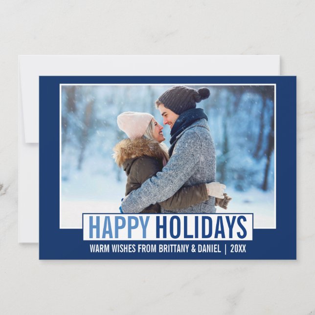 Modern Happy Holidays Photo Blue Holiday Card (Front)