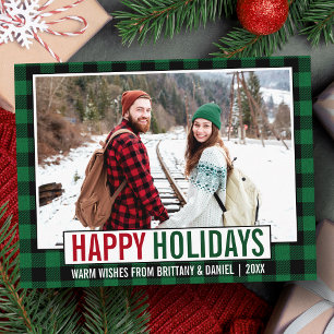 Modern Happy Holidays Photo Green Plaid Postcard
