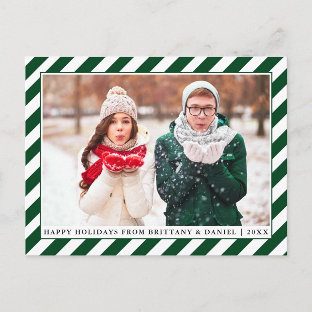 Modern Happy Holidays Photo Green Stripes Postcard (Front)
