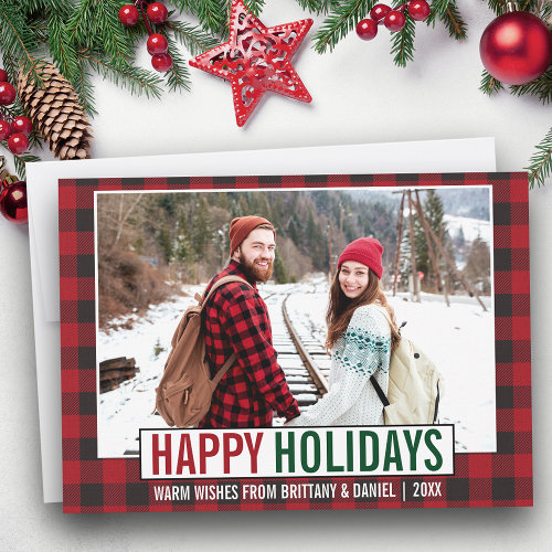 Modern Happy Holidays Photo Red Plaid Holiday Card