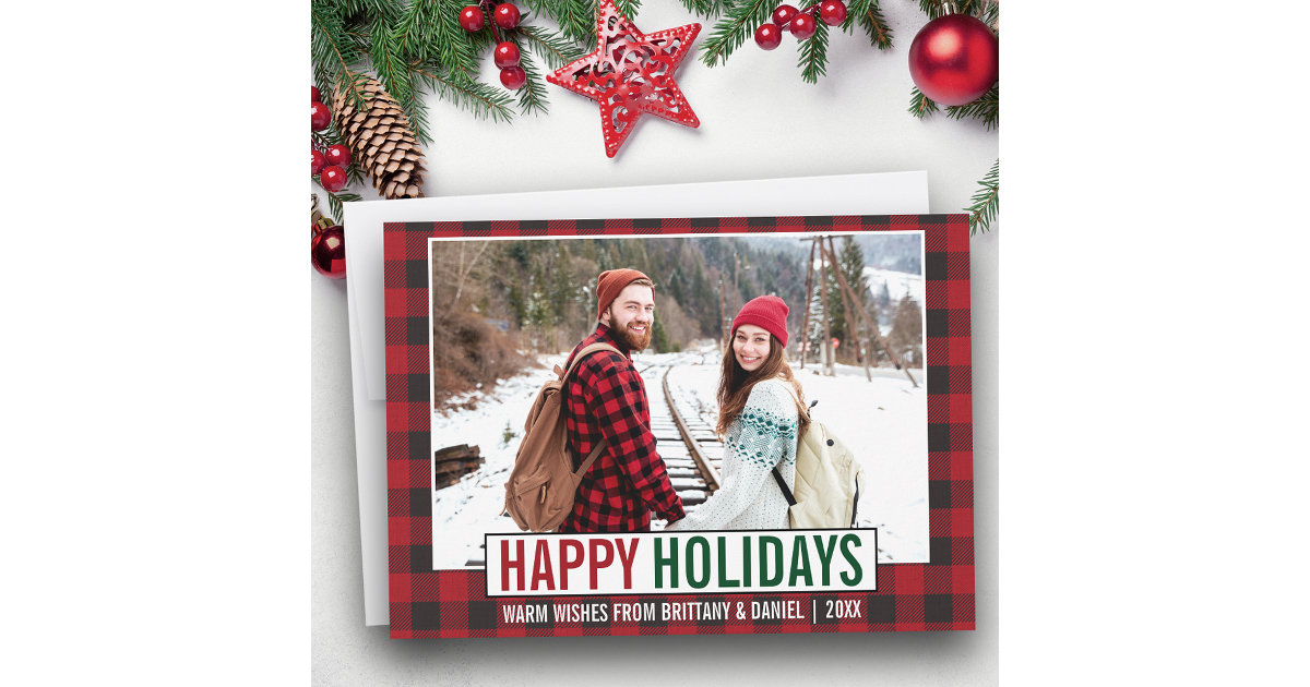 Modern Happy Holidays Photo Red Plaid Holiday Card Zazzle