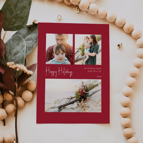 Modern Happy Holidays  Red Centered Three_Photo Holiday Card