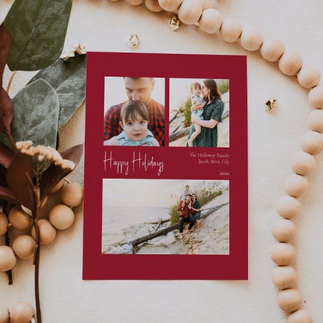 Modern Happy Holidays | Red Centered Three-Photo Holiday Card (Creator Uploaded)