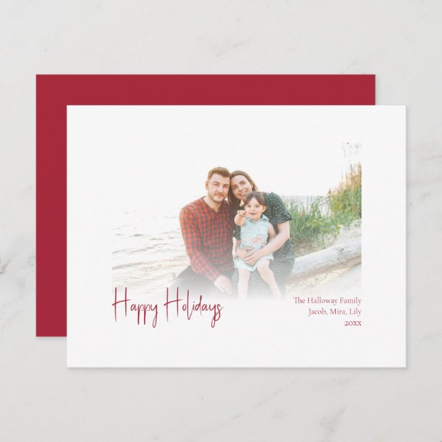 Modern Happy Holidays | Red Faded Photo Holiday Card (Front/Back)
