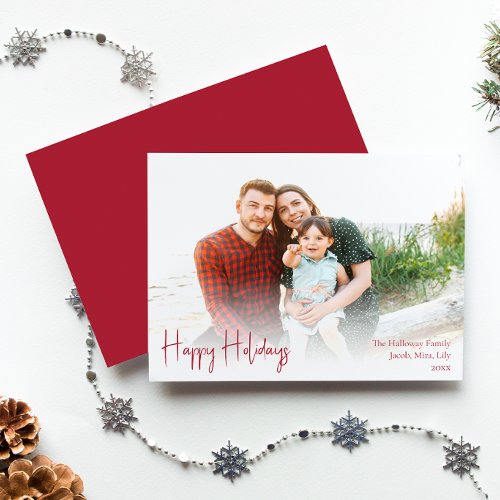 Modern Happy Holidays  Red Full Photo Holiday Card