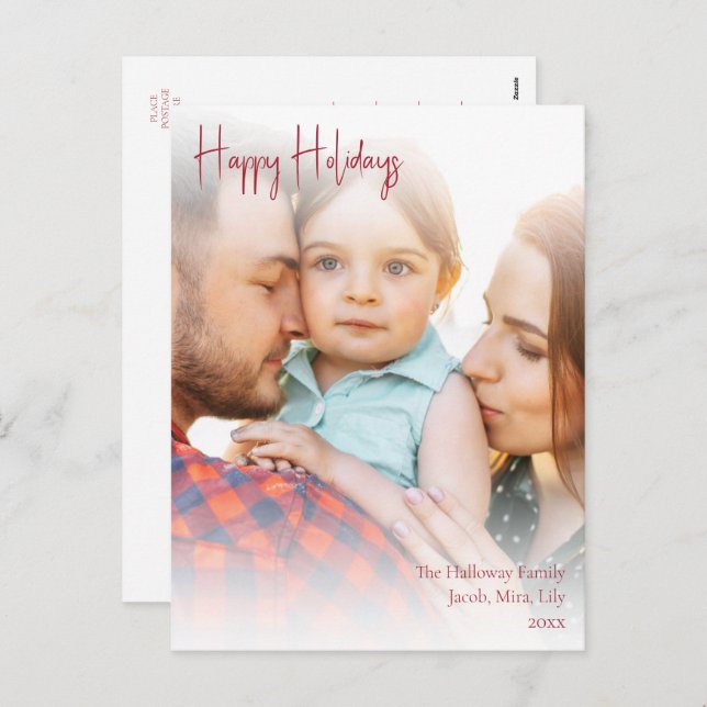 Modern Happy Holidays Red Handwritten Script Photo Holiday Postcard (Front/Back)