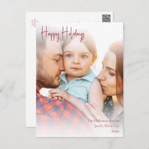 Modern Happy Holidays Red Handwritten Script Photo Holiday Postcard