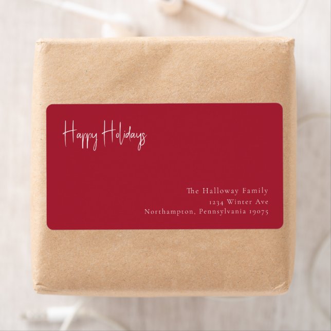 Modern Happy Holidays | Red Return Address Package Label (Insitu)
