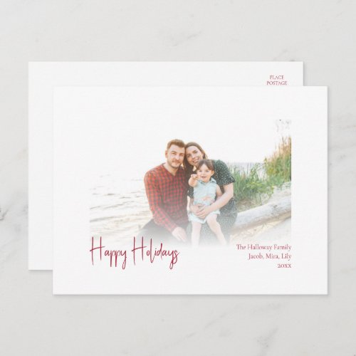 Modern Happy Holidays  Red Script Faded Photo Holiday Postcard