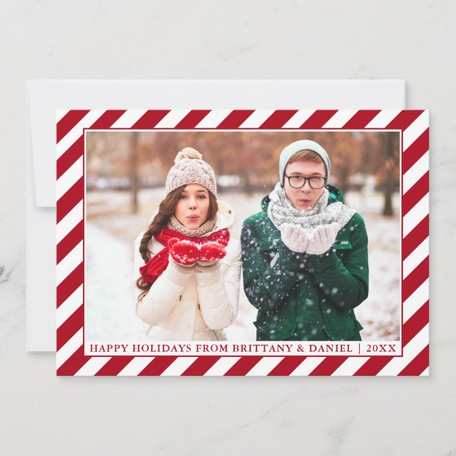 Modern Happy Holidays Red Stripes Photo Holiday Card (Front)