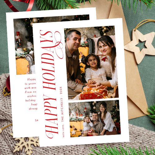 Modern Happy Holidays Red Typography 3 Photo Holiday Card