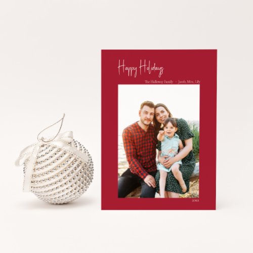 Modern Happy Holidays  Red Vertical Single Photo Holiday Card