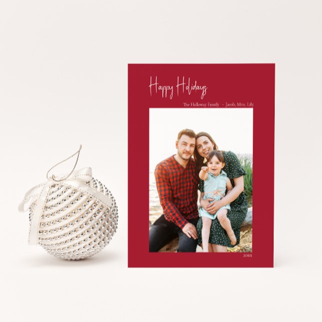 Modern Happy Holidays | Red Vertical Single Photo Holiday Card (Creator Uploaded)