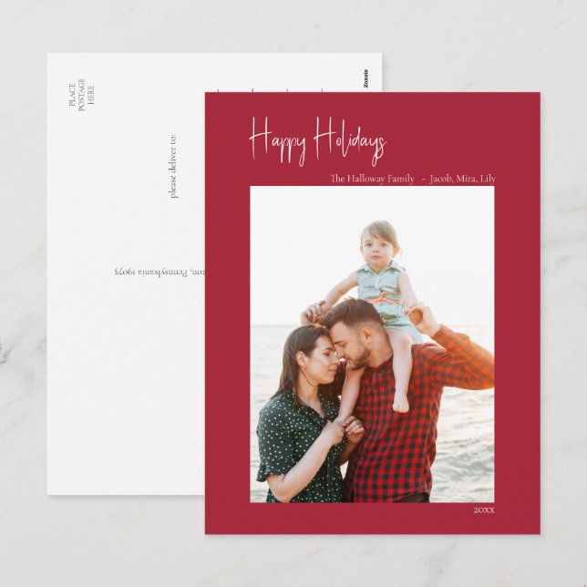 Modern Happy Holidays | Red Vertical Single Photo Holiday Postcard (Front/Back)