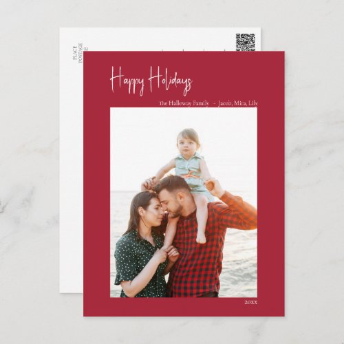 Modern Happy Holidays  Red Vertical Single Photo Holiday Postcard