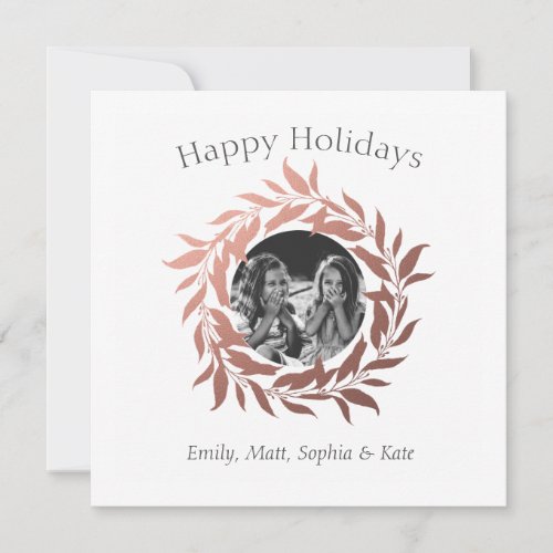 Modern Happy Holidays Rose Gold Wreath Photo Holiday Card