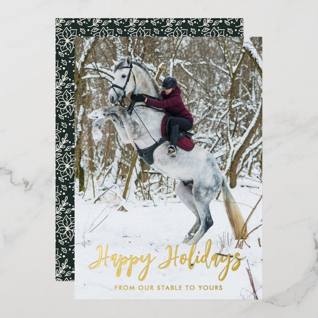 Modern Happy Holidays Script Equestrian Photo Foil Holiday Card (Front/Back)