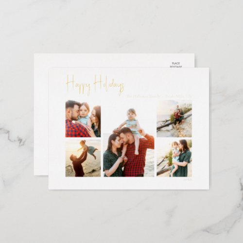Modern Happy Holidays Script Five Photo Gold Foil Holiday Postcard