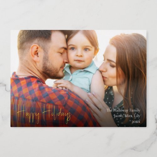 Modern Happy Holidays Script Full Photo Gold Foil Holiday Card