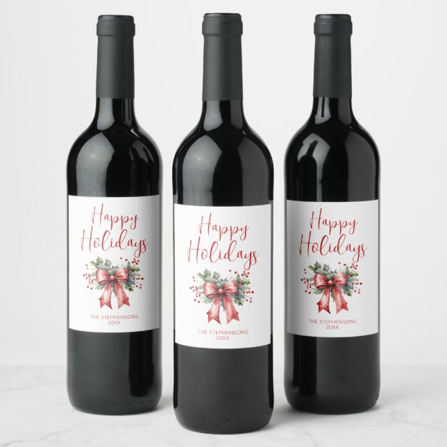 Modern Happy Holidays Script Holly Bow Name Wine Label (Bottles)
