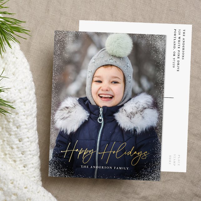 Modern Happy Holidays Script Photo Foil Holiday Postcard (Creator Uploaded)