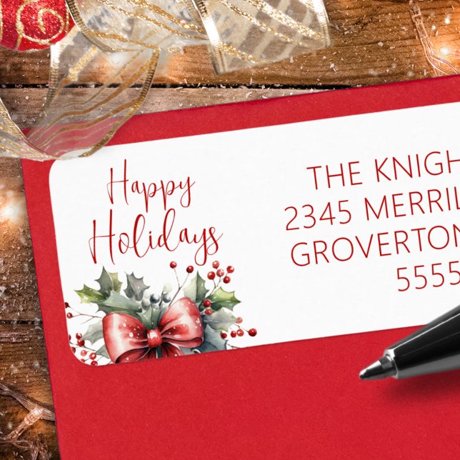 Modern HAPPY HOLIDAYS Script Red Bow Holly Label (Creator Uploaded)