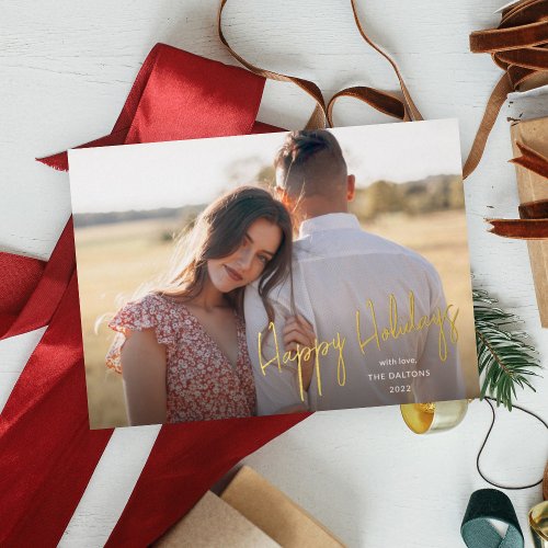 Modern Happy Holidays Script Simple Photo Foil Holiday Card