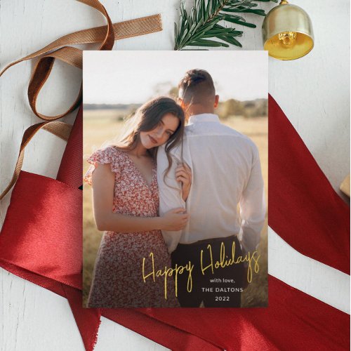 Modern Happy Holidays Script Simple Photo Foil Holiday Card
