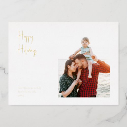 Modern Happy Holidays Script Single Photo Gold Foil Holiday Postcard