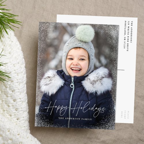 Modern Happy Holidays Script Snow Flurries Photo Holiday Postcard