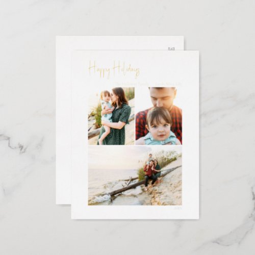 Modern Happy Holidays Script Vertical 3 Photo Gold Foil Holiday Postcard