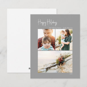 Modern Happy Holidays   Silver Vertical 3 Photo Holiday Card