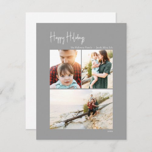 Modern Happy Holidays  Silver Vertical 3 Photo Holiday Card