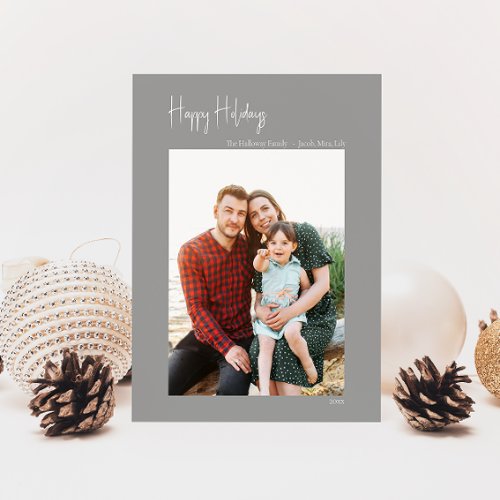 Modern Happy Holidays Silver Vertical Single Photo Holiday Card