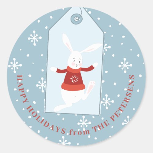 Modern Happy Holidays snowflakes cute animal blue Classic Round Sticker