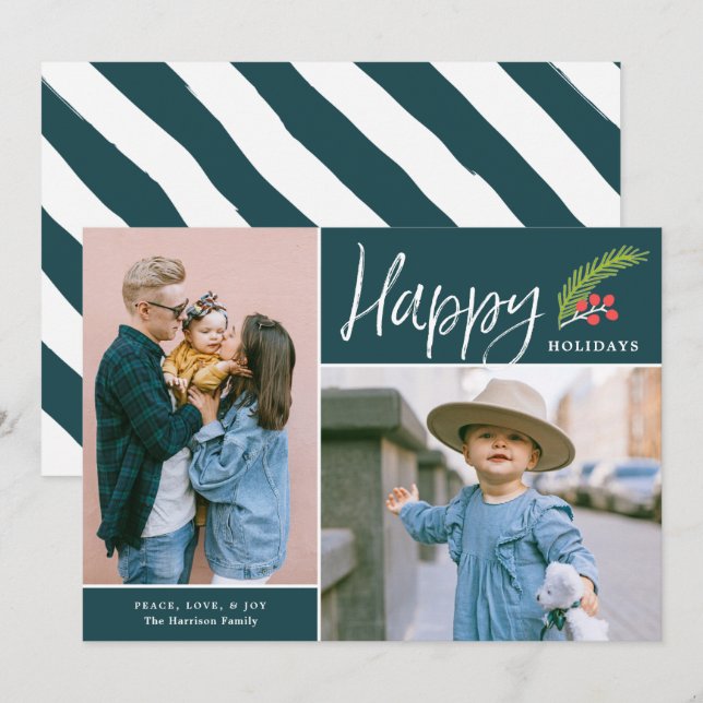 Modern Happy Holidays Two Photo Teal Holiday Card (Front/Back)